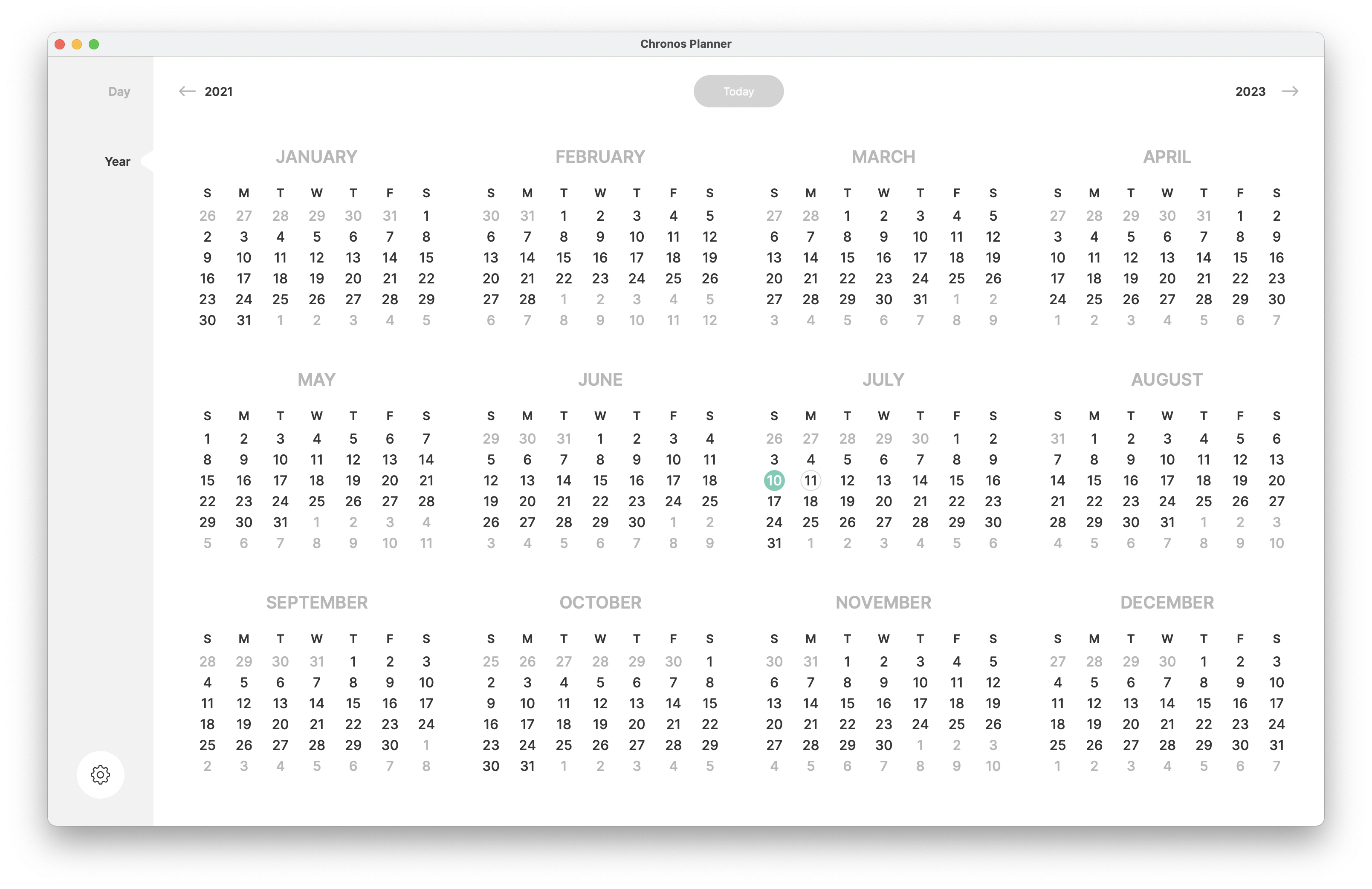 Screenshot of the Chronos Planner app demonstrating the ability to select any date via the Year View
